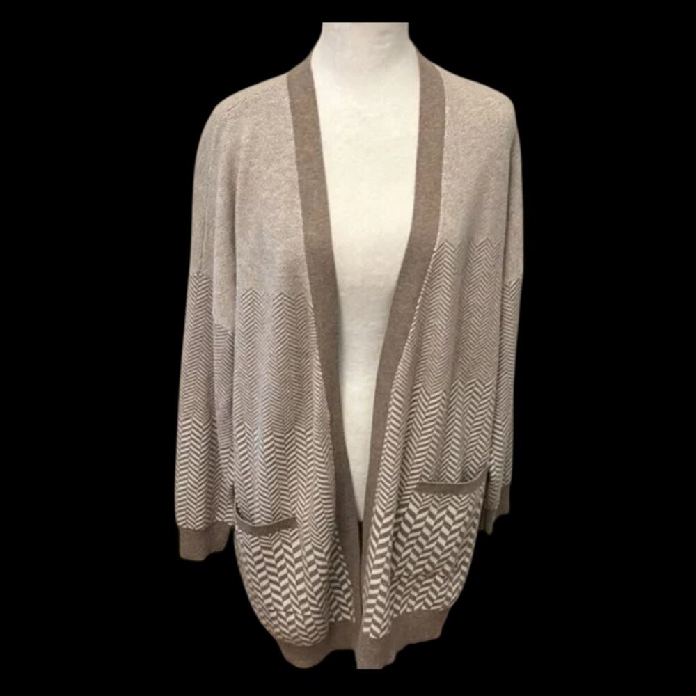Joie Chevron Soft Open Cardigan Sweater Taupe White Pockets